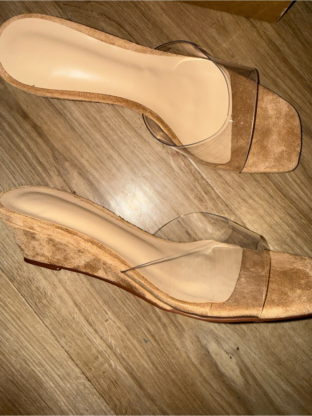 Brand new clear and tan mini wedge sandals